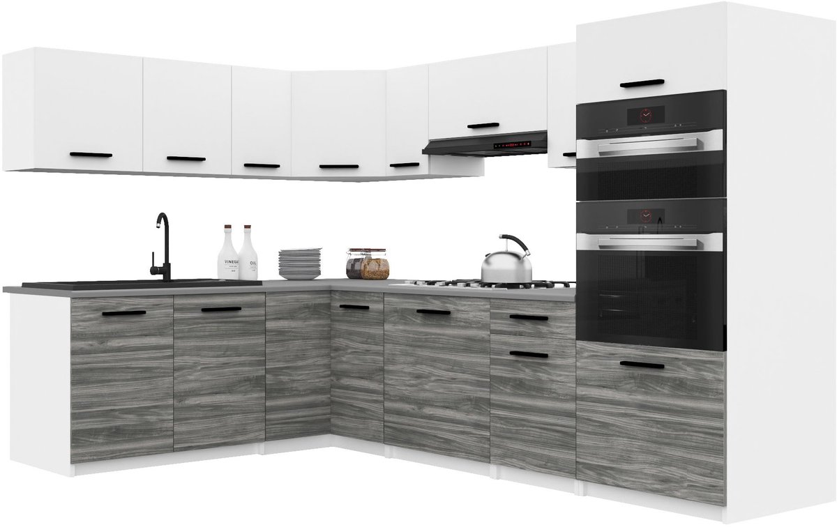 BELINI Keukenblok ITALIA 8 - Keukenmeubel Set 420 cm Wit-Grijs Glamour Mat met Werkbladen - Boven- en Onderkasten