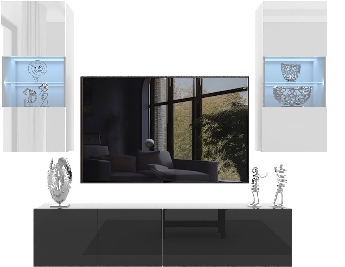 BELINI Wandmeubel Milano 7 200 cm Wit/Zwart Hoogglans - TV-Wand Greeploos - Moderne Woonwand met Gasliftsysteem - Modulair TV-Meubel