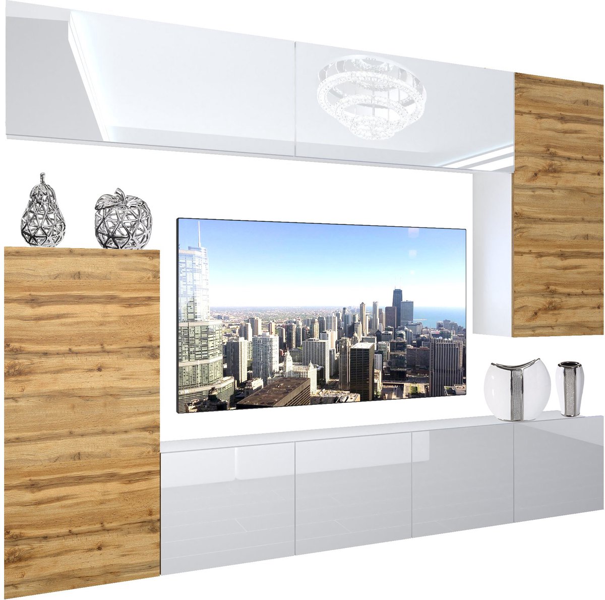 BELINI Wandmeubel NEX 8 - TV-Wandkast Set met LED-Verlichting Wit / Wotan Eiken - Hoogglans Fronten