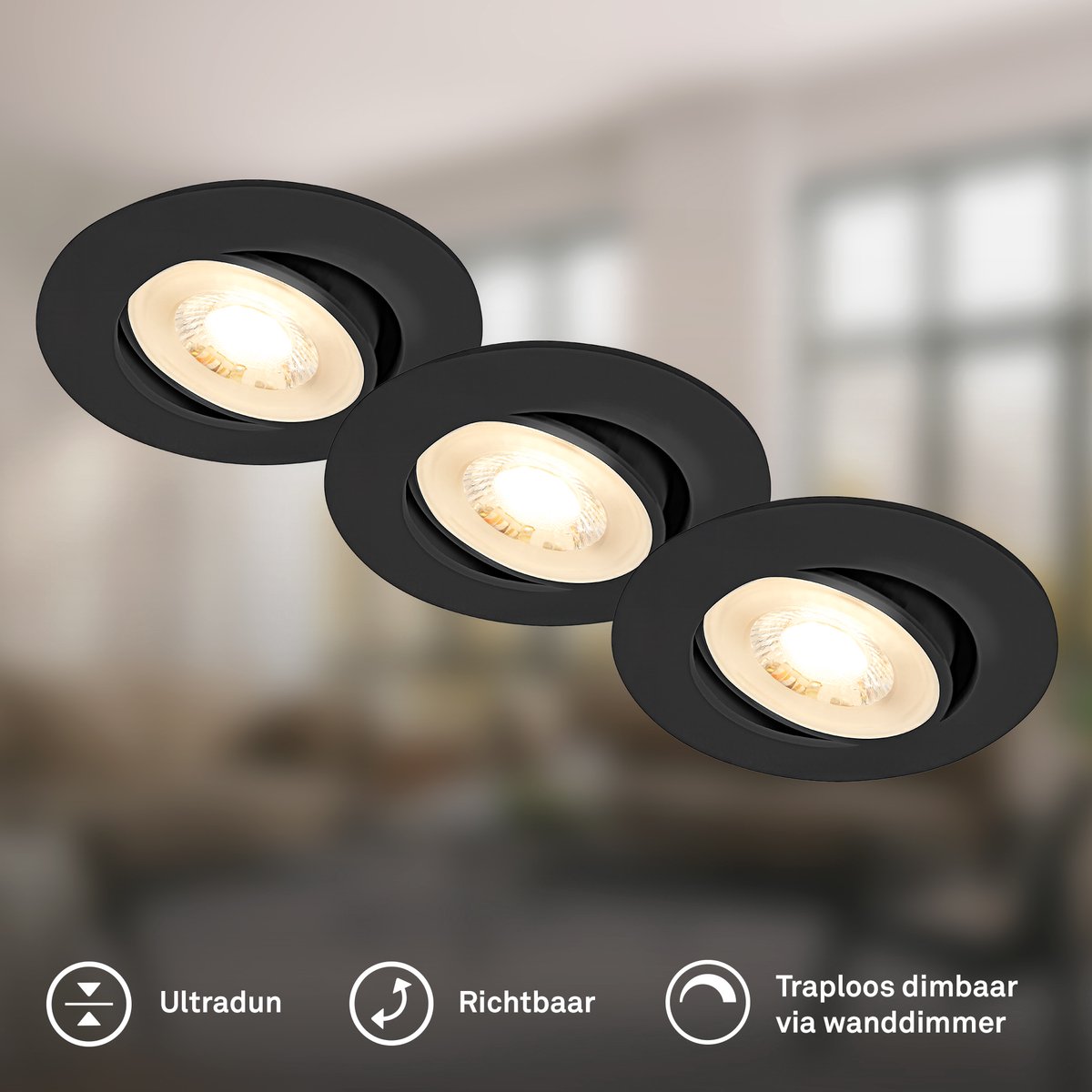 BRILONER Show - Inbouwspots set van 3 - spotjes dimbaar - 3.000K warm wit licht - 4.9W - zwart - Ø9cm