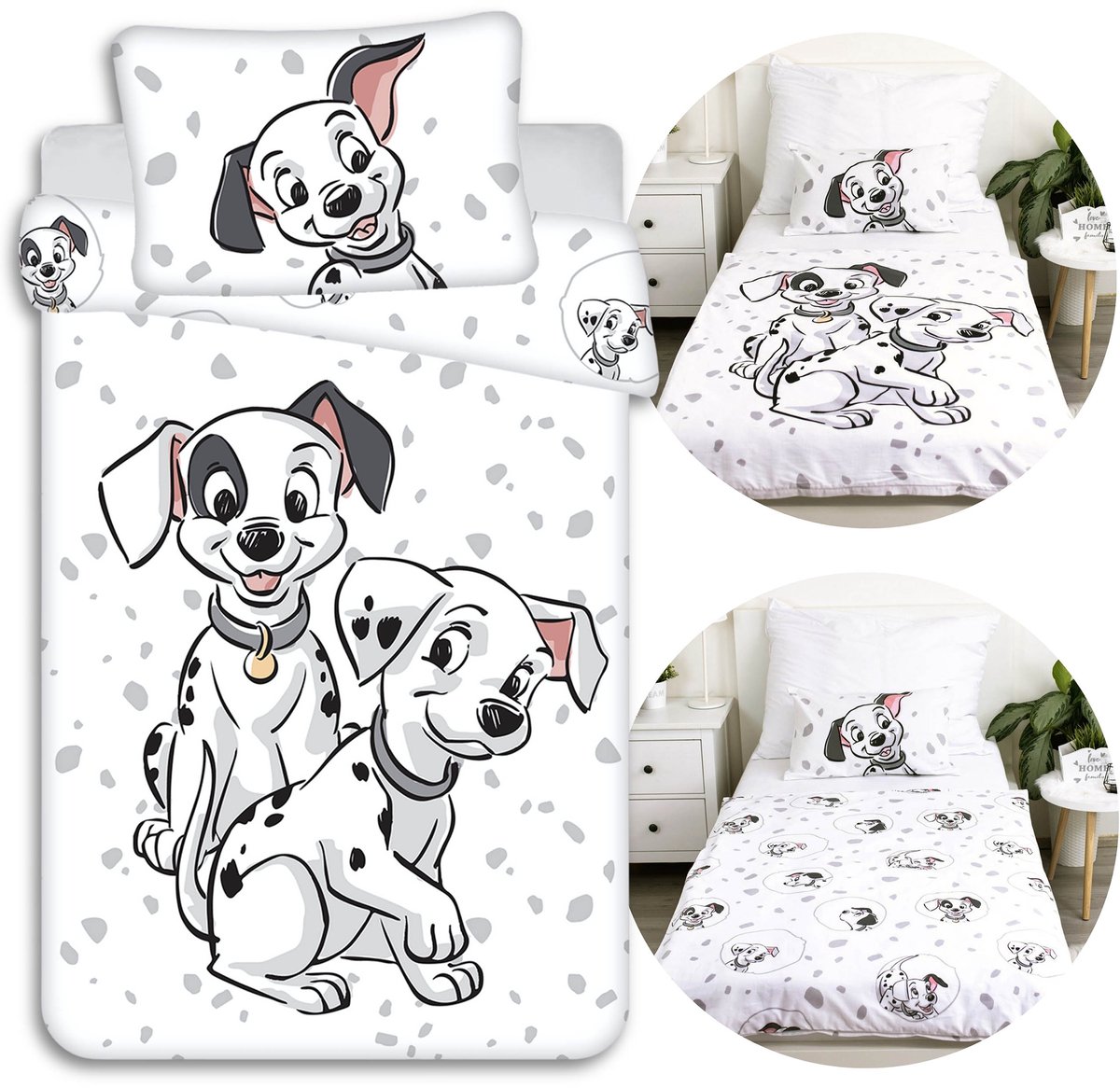 DISNEY 101 Dalmatiërs Wit, DUBBELZIJDIG, katoenen kinderbeddengoed met rits, 100% KATOEN 100x135cm+40x60cm OEKO-TEX