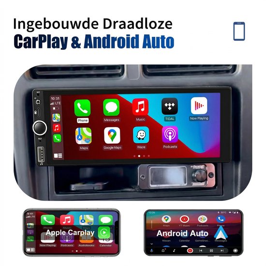 Ingebouwde draadloze CarPlay & Android Auto weergave op autoradio, met smartphone voorbeelden.