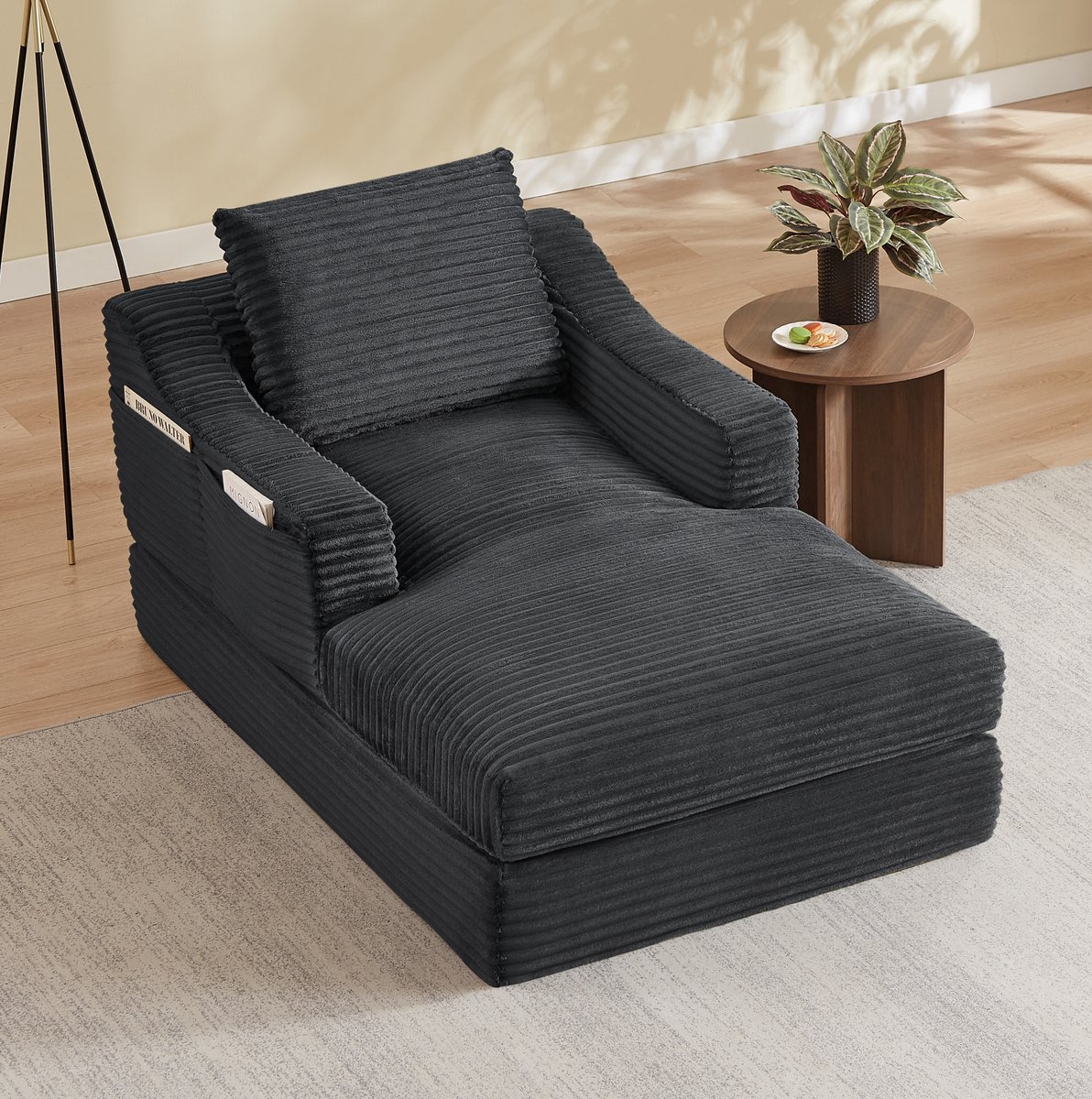 REDOM- Zitzak stoel - Met rugleuning en armleuningen - Uitklapbaar tot ligbed - Ribstof - Woonkamer en slaapkamer - Schuim - Donkergrijs - 100 x 160 x 85 cm