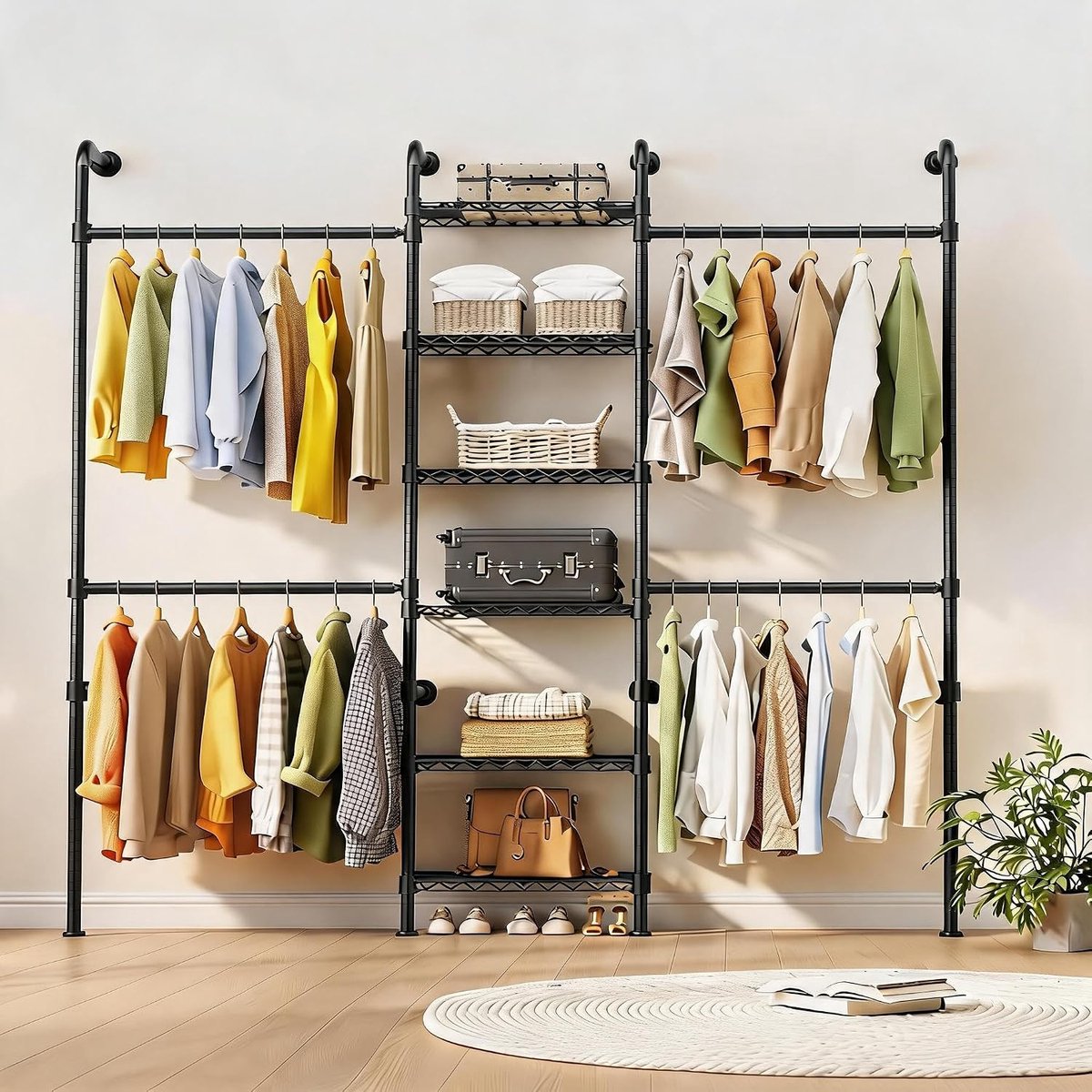 Wandgemonteerd kledingkastensysteem – Kledingrek van koolstofstaal voor wandmontage – Uitschuifbare stangen van 23,62 tot 35,43 inch – 6 draadplanken – Matzwart