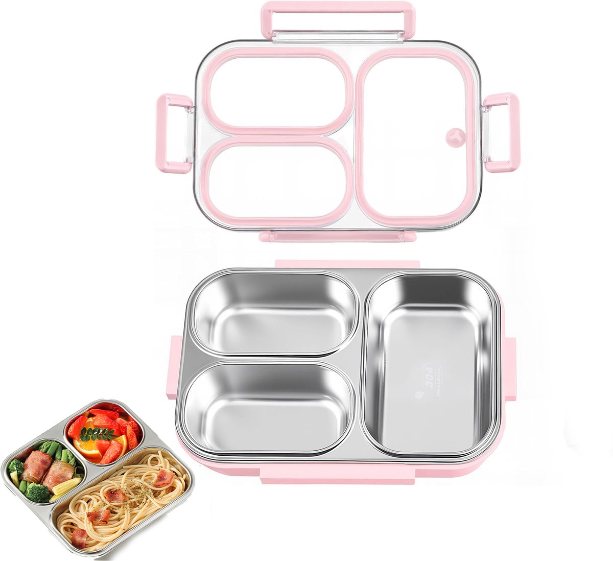 KZQ Roestvrijstalen bento box met 3 vakken - Lekvrij deksel en magnetronbestendig - Eenvoudig schoon te maken en ideaal voor school werk en reizen - Roze