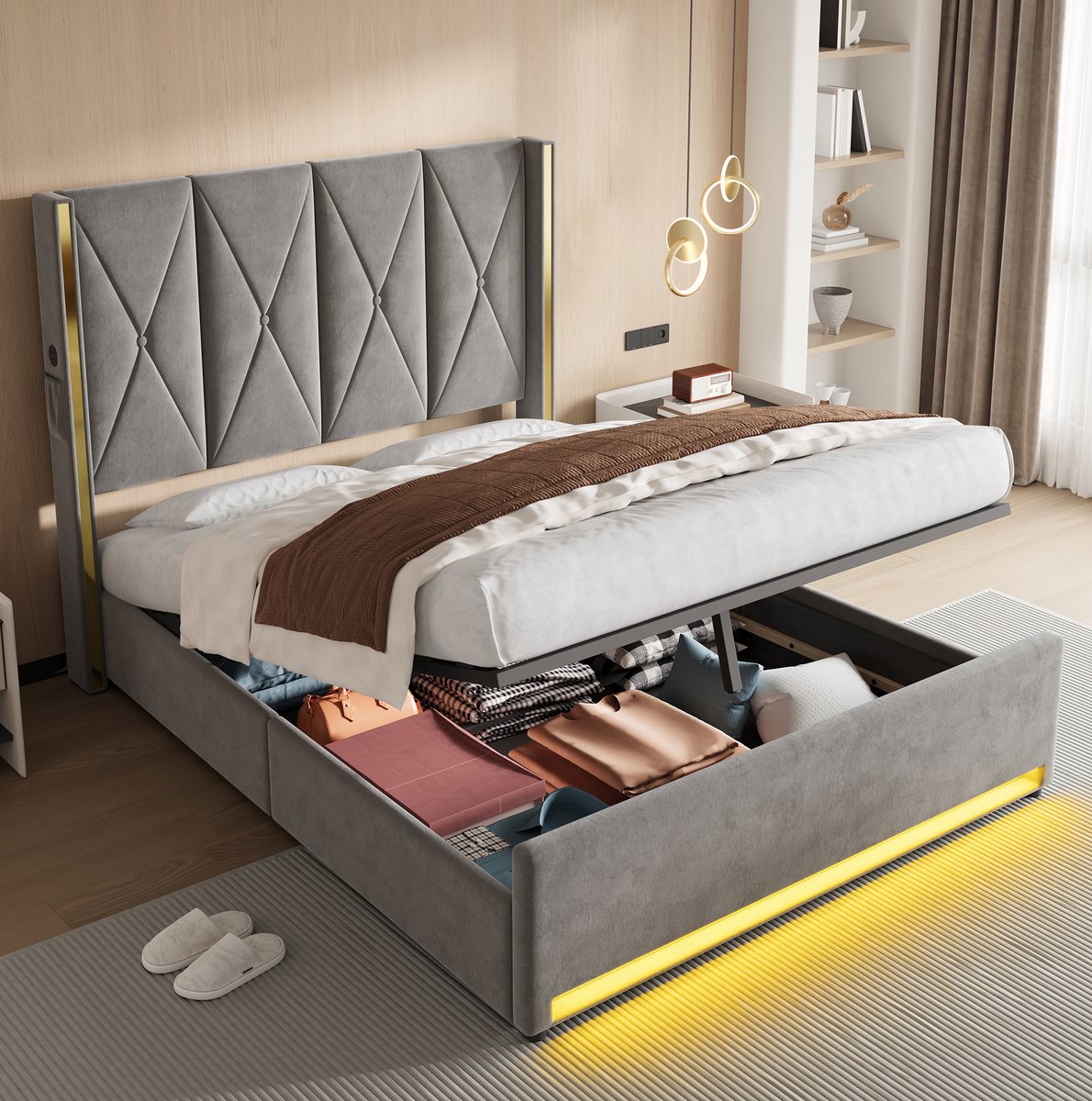 REDOM - Bedframe met hoge gestoffeerde gestikte hoofdsteun - Opbergruimte met hydraulisch liftsysteem - LED-verlichting - USB en Type-C - Donkergrijs - 160 x 200 cm