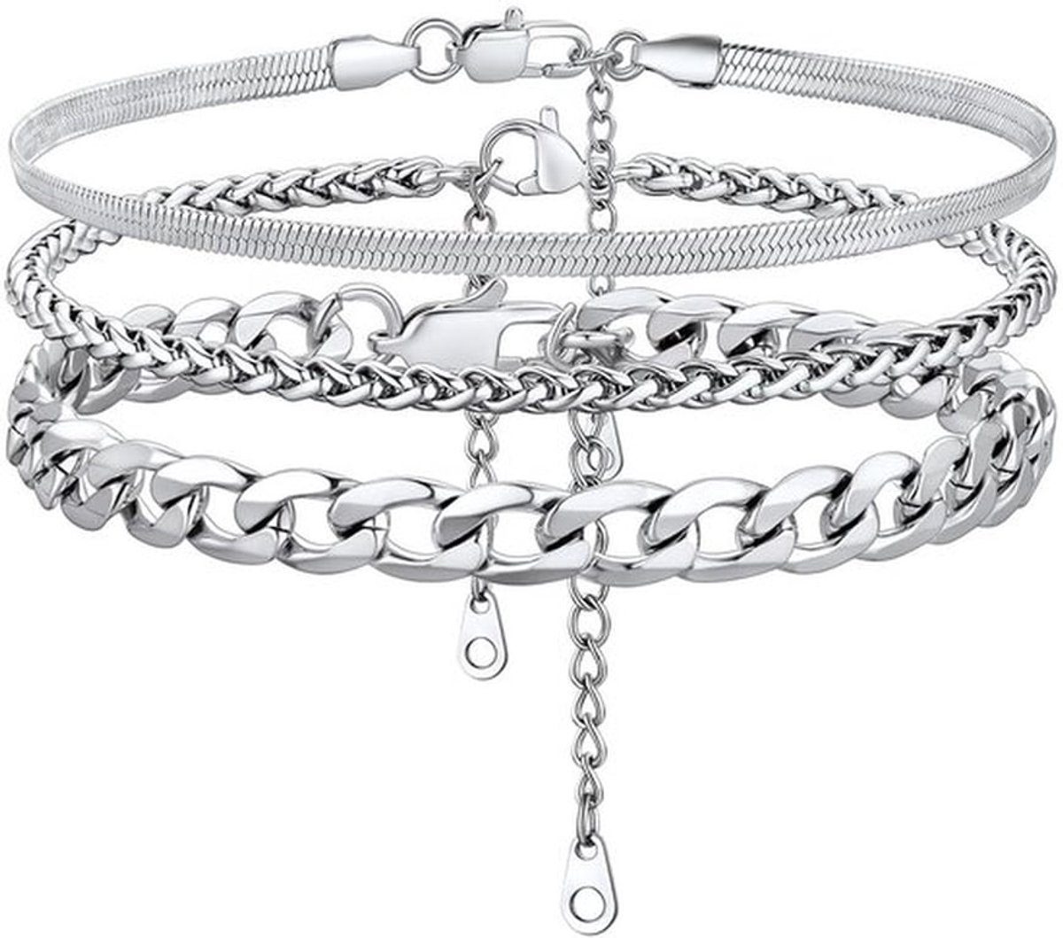 Enkelketting Verstelbaar - Pantserketting - Zilveren/Gouden Enkelbandjes - 3 Stuks - Roestvrij Staal - Perfect voor Feestelijke Gelegenheden - Enkelband