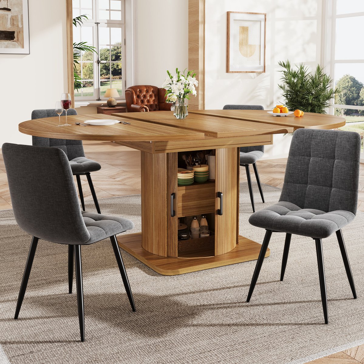 REDOM- Set tafel en stoelen - Uitrekbare eettafel met opbergruimte - MDF constructie - 4 stoelen - Modern - Keuken en eetkamer - Hout - Zwart Bruin - 118 x 158 x 76 cm