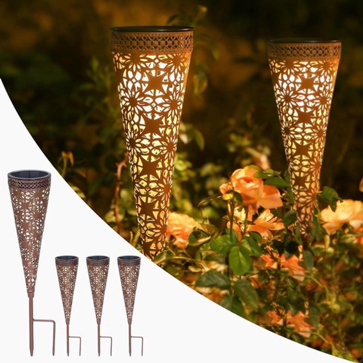 Set van 4 Solar Tuinverlichting - Metalen LED Lichten voor Buiten - Waterdicht en Warm Wit voor Tuin, Balkon en Kerstdecoratie