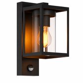 Zwarte vierkante wandlamp met glas en zichtbare E27 gloeilamp. Met bewegingssensor.