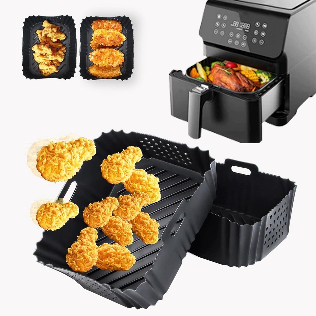 Siliconen Vorm - Airfryer Accessoires - Gezond Koken - Herbruikbaar Inzetstuk - 2 stuks 19x14 cm - Zwart
