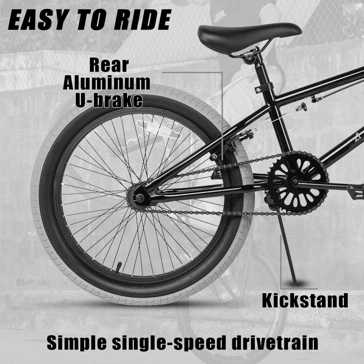 SnelShoppen - AVASTA 18 Inch Kinderfiets Freestyle BMX Fiets voor Jongens en Meisjes van 5 tot 8 Jaar, Zwart met Grijze Banden, Ideaal voor Beginners
