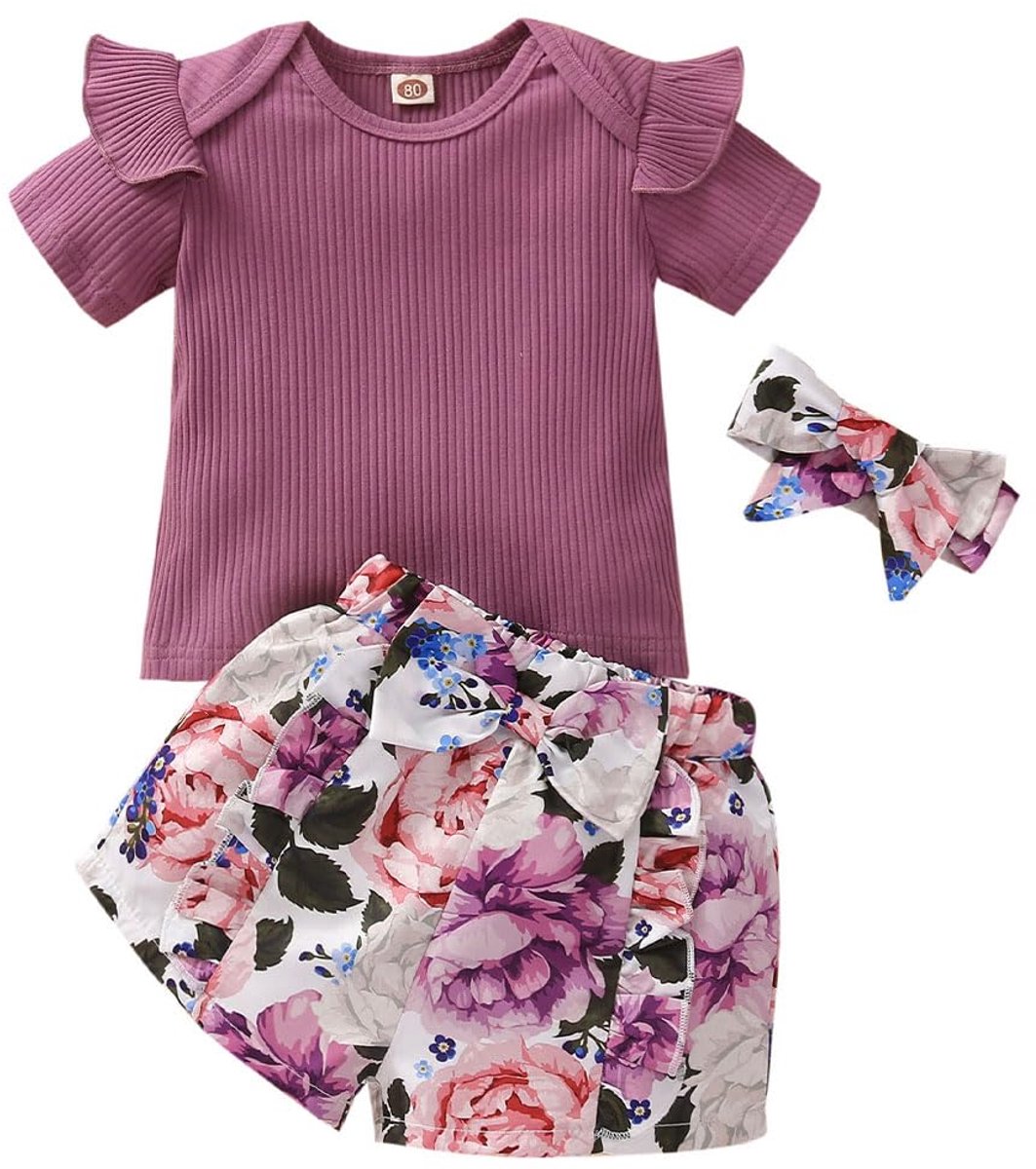 SnelShoppen - Geboorte Baby Meisjes Kleding Set met Top en Bloemen Broekje, Vliegende Mouwen, Ronde Hals, Strikje Hoofdband, Paars, 3-4 Jaar, Feest, C