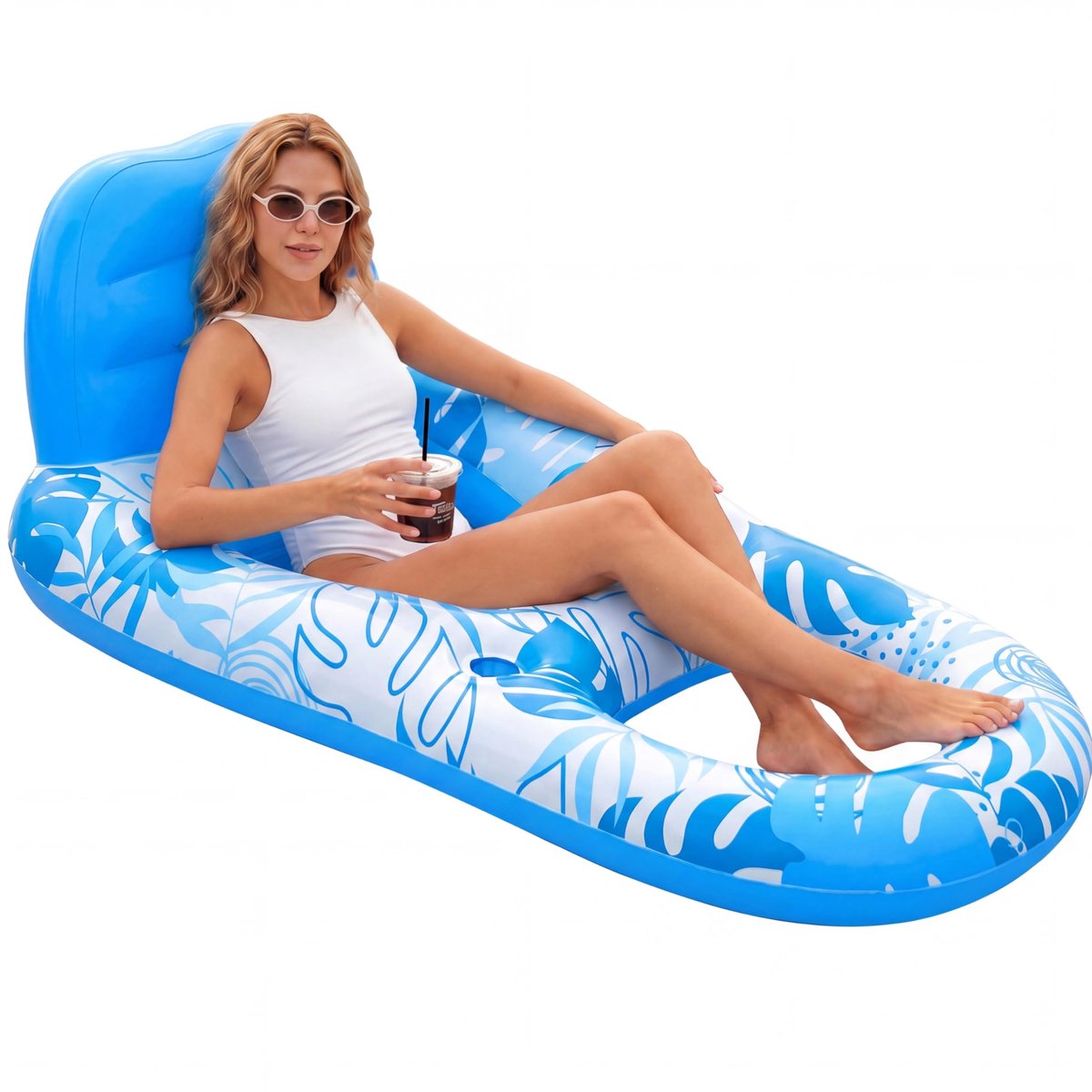 SnelShoppen - opblaasbare zwembadlounger voor volwassenen, drijvende raft met bekerhouders, voersteun, drijvende zitstoel voor tuin, zwembad, feest, c