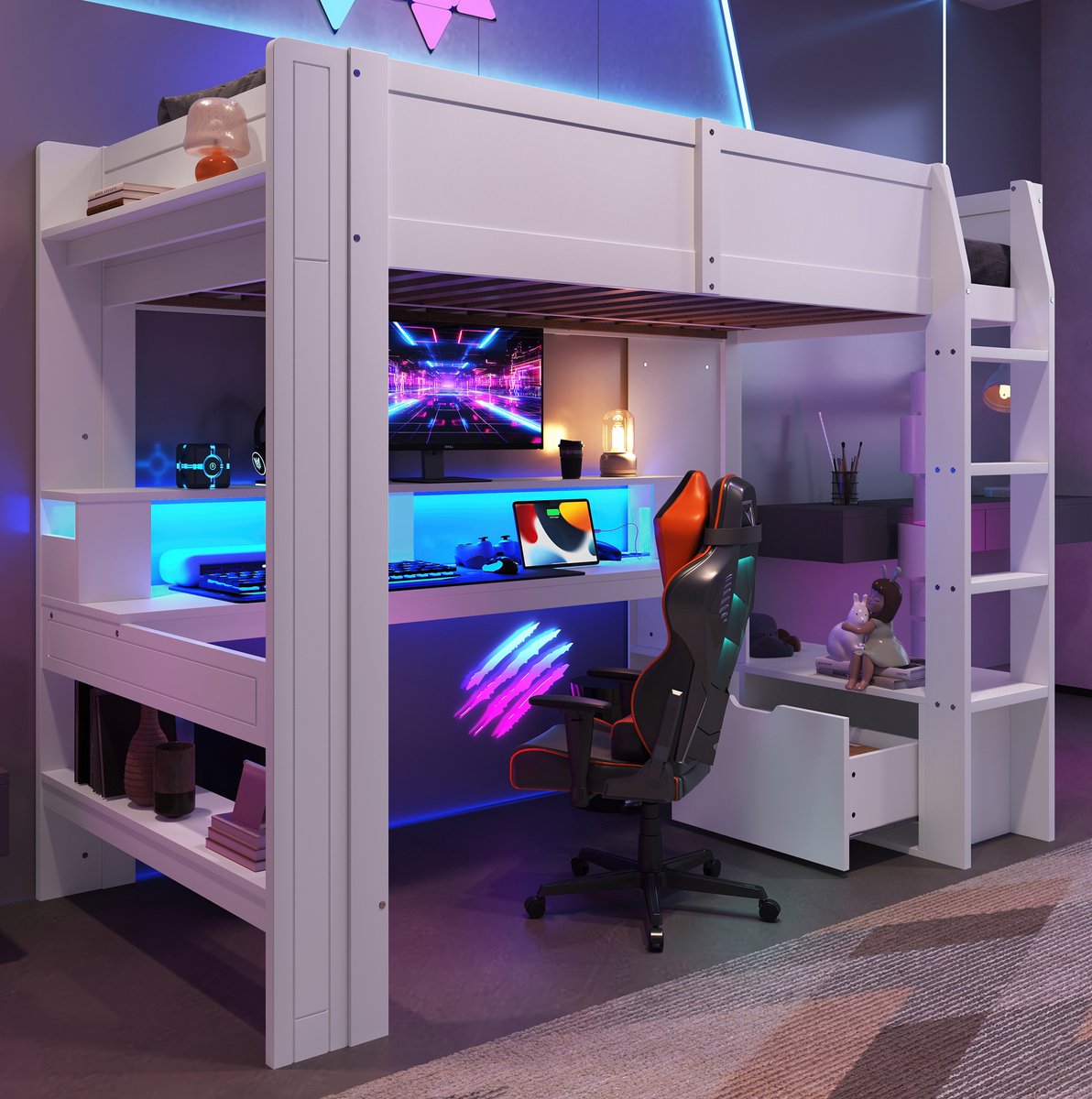 COVREO Hoogslaper met bureau en LED – 90x200x154,5 cm – Bedframe van grenenhout en MDF – met lade en planken – Wit - zonder matras