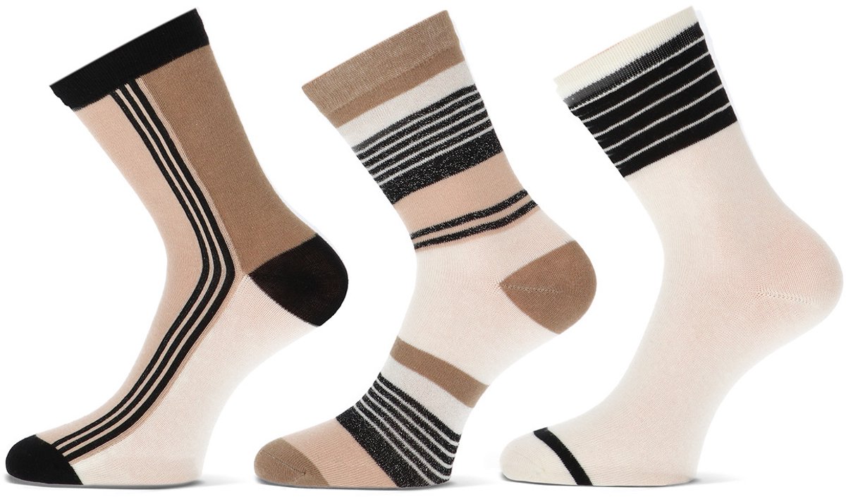 9 Paar - Teckel Damessokken - Katoen - Beige - Strepen - Maat 36-42