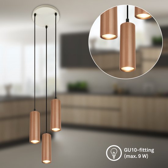 Drie koperkleurige, geribbelde hanglampen met GU10 fitting (max. 9W) in een keuken.