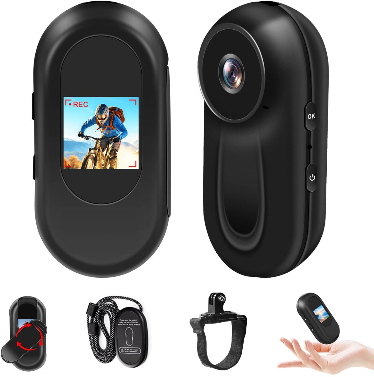SnelShoppen - Action Camera HD 1080P 150° Groothoek, Nachtzicht IPX4 Waterdicht, Magnetische 360° Clip voor Helm/Fiets/Motor, Accessoireset voor Outdo