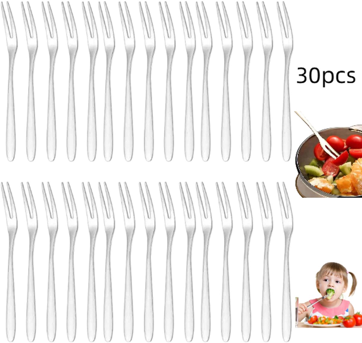 30 stuks - Fruitvorkjes - Voorgerecht- en dessertvorkjes - Roestvrijstalen fruitvorkjes - Tweepuntige vorkjes - Dessertvorkjes - Taartvorkjes - Zilver - 13 x 1 cm - Geschikt voor verjaardagsfeestjes, bruiloften en restaurants