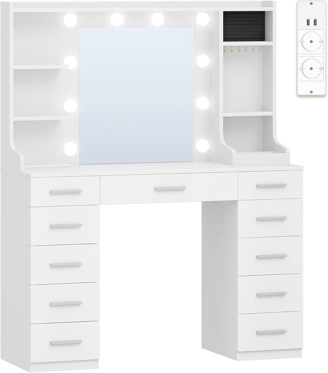 Hzuaneri Grote Kaptafel met Verstelbare LED-Lamp, Kaptafel met Spiegel, met Stopcontacten, Inclusief Ringenopbergruimte, Geschikt Voor Slaapkamer, Woonkamer, 40 x 108 x 145 cm, Wit