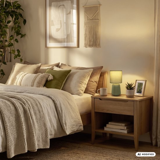 Lampe de table verte avec abat-jour textile sur une table de chevet à côté d'un lit dans une chambre.