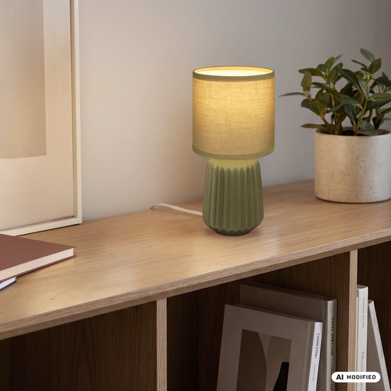 BRILONER Dora - Tafellamp slaapkamer - met stoffen kap & keramiek voet - bedlamp - tafellampje - Ø13cm x 27cm - groen