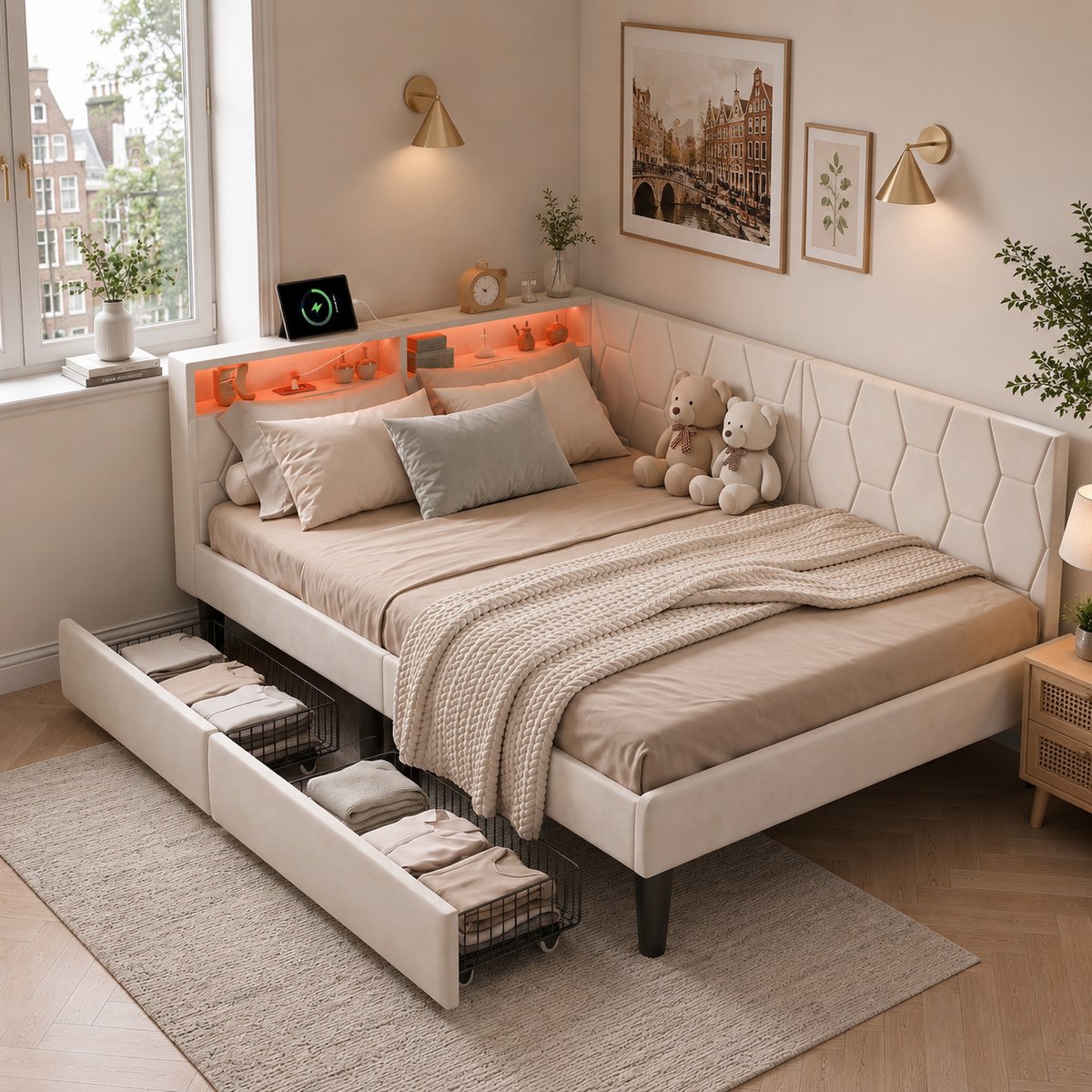 MEXUS Tweepersoonsbed 140x200 cm, Gestoffeerde slaapbank met 2 lades, opbergruimte, ledverlichting, hoofdbord en USB poort, bed met lattenbodem, fluweel Beige