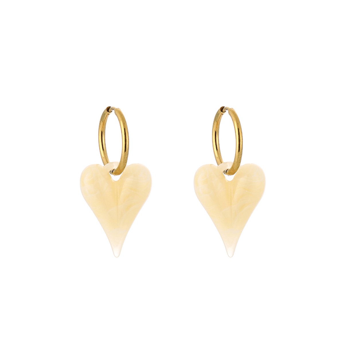 Stainless Steel Marbled Resinous Heart Charm Hoops – Luxe Gemarmerd Resin Hart Oorringen – RVS - Beige