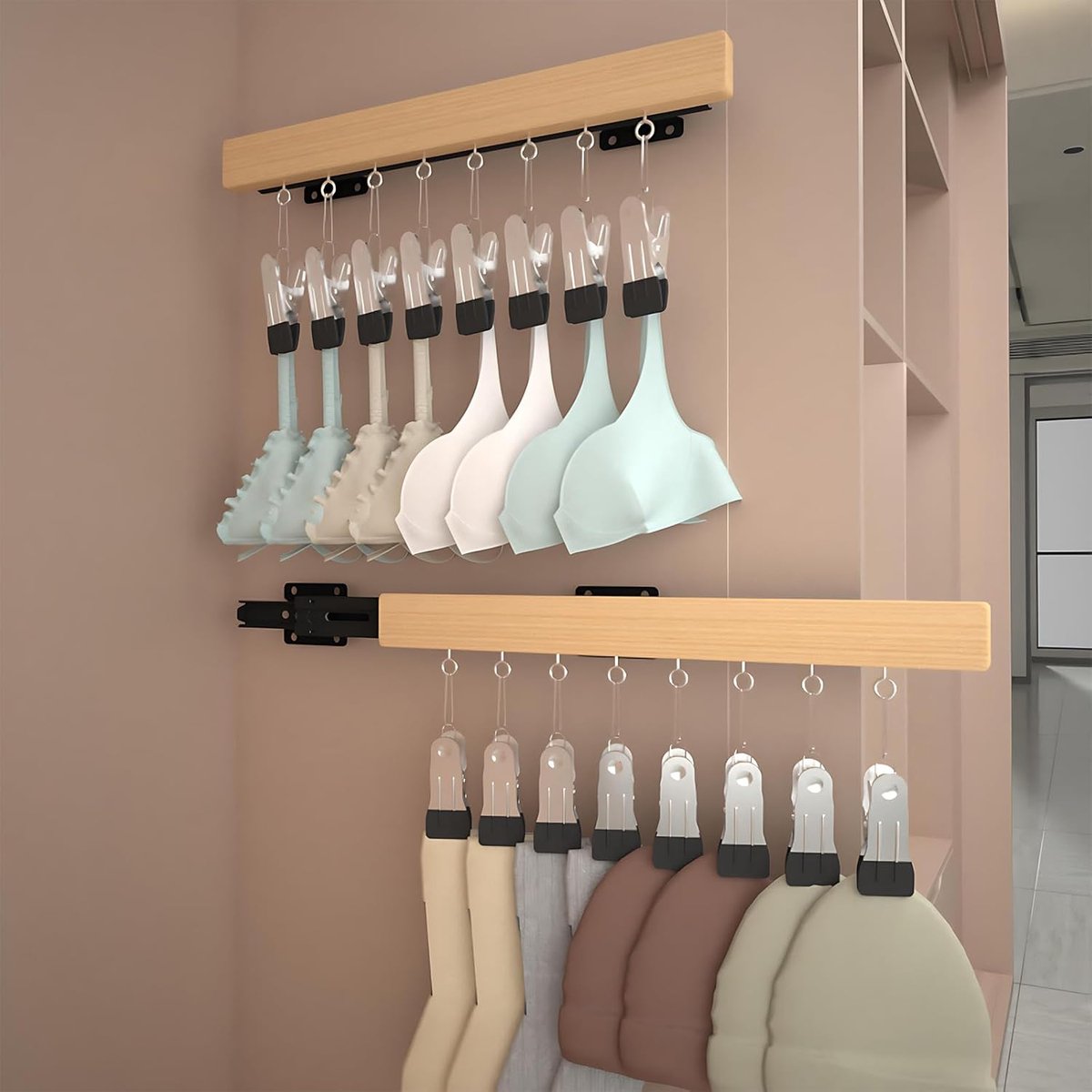 Uitschuifbare kledinghanger - Wandhanger - Met 8 antislipclips - Soepel uitschuifbare kledingkastorganizer - Handig en praktisch - Eenvoudig te installeren - Antislip - Universeel - Geschikt voor sokken, hoeden en broeken - Hout - 1 stuk