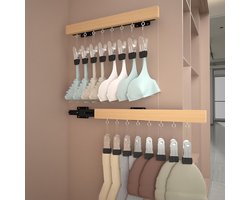 Uitschuifbare kledinghanger - Wandhanger - Met 8 antislipclips - Soepel uitschuifbare kledingkastorganizer - Handig en praktisch - Eenvoudig te installeren - Antislip - Universeel - Geschikt voor sokken, hoeden en broeken - Hout - 1 stuk