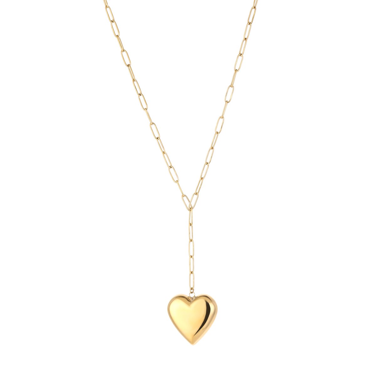 Dames Y-Ketting met XL Hart - Grove Schakelketting - Y-Vormige Ketting met Hart Hanger - Stainless Steel / RVS - 40 cm (+5 cm) - Goud
