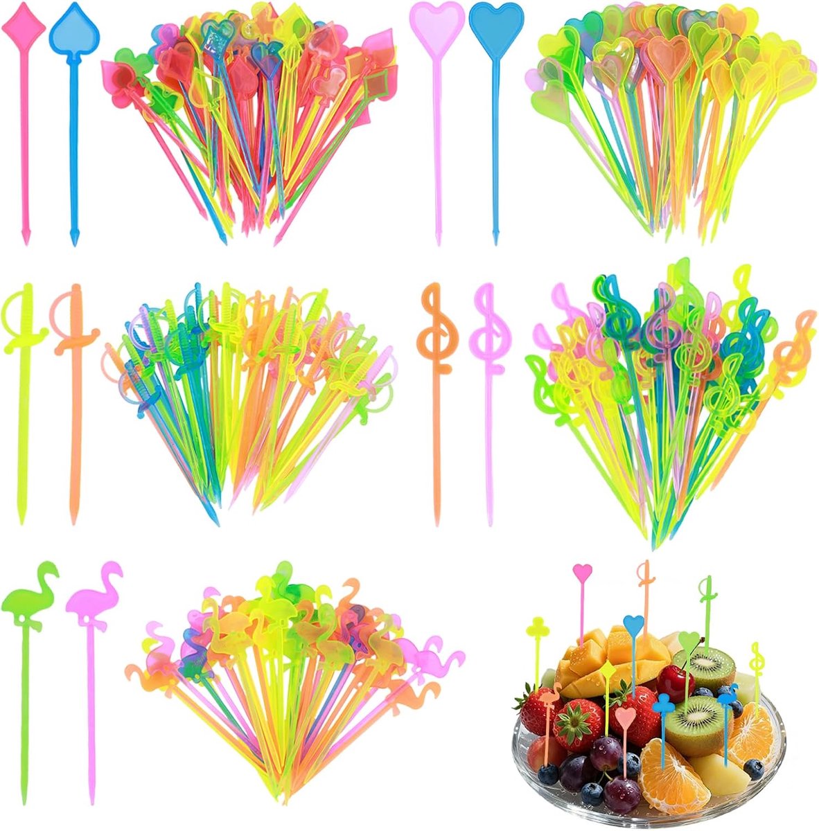 250 stuks fruitspiesen van kunststof, herbruikbaar, kleurrijke fruitvorken, cocktailspiesen, party-tandenstokers - ShopVlot