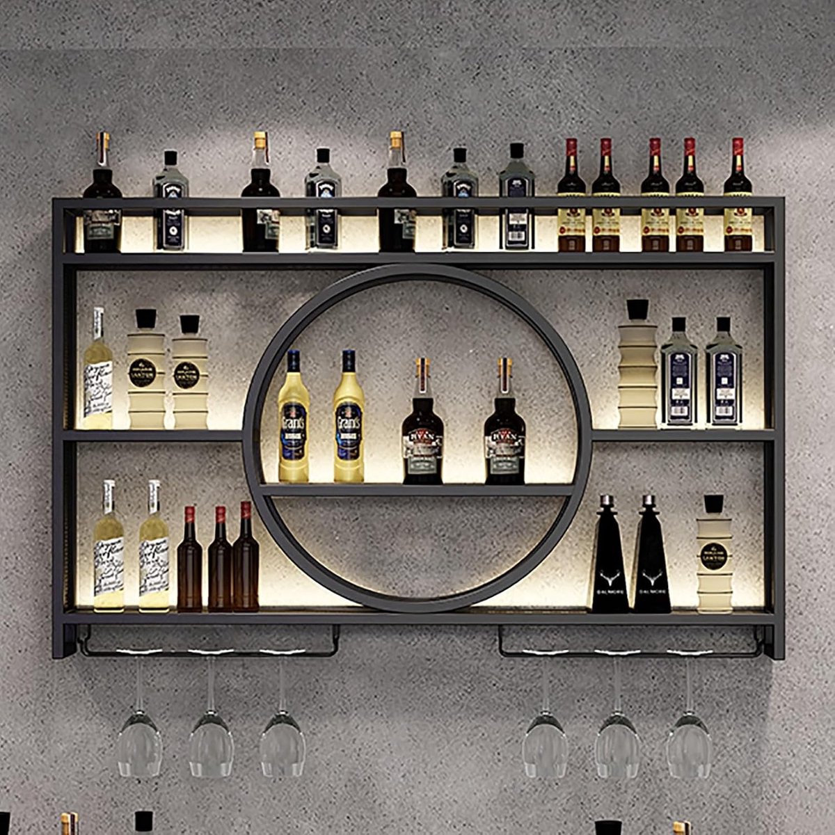Wandgemonteerd wijnrek met barunit en zwevende drankflesdisplay, multifunctionele opslag voor wijnflessen en glazen, perfect voor thuis en restaurants (100 * 15 * 80cm)