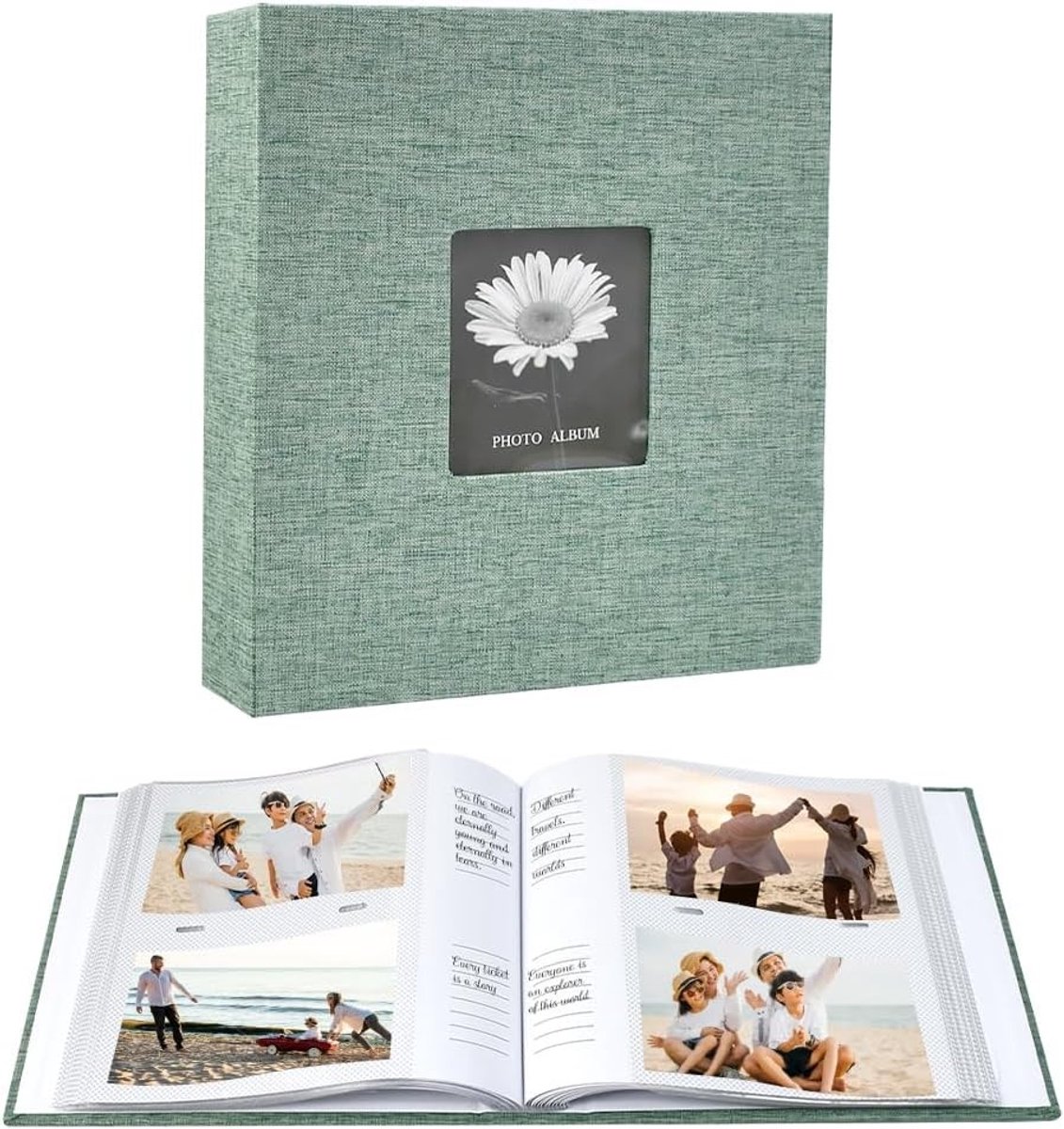 Linnen Fotoalbum met Raam, Scrapbook met 200 Compartimenten voor Herinneringen, DIY Foto Boek voor Trouwen, Kinderen en Reizen, 15 x 10 cm