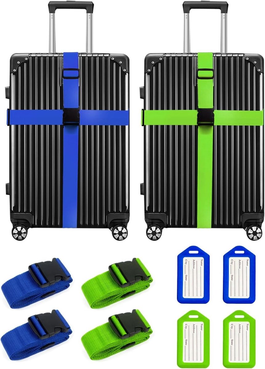4 Pack Kofferspanners met 4 Adreslabels, Verstelbare Antislip Kruisspanners voor Snelle Identificatie van Bagage, Reisaccessoires voor Koffers en Reistassen