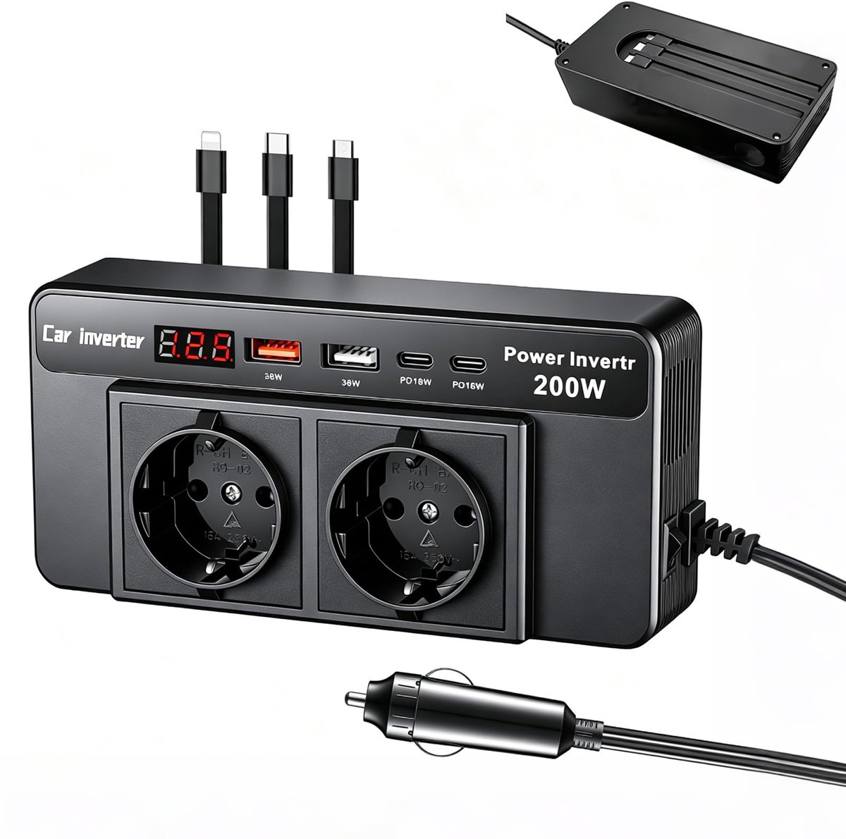 SnelShoppen - 200 W Auto-Omvormer 12V naar 220V met 2 Stopcontacten, 2 USB-poorten (36W), 2 PD-poorten (18W), LCD-Display en 3 Oplaadkabels voor Kampe