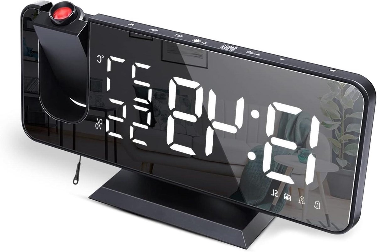 Projectie Wekker - Digitale Klok - Wakker Worden - Groot Spiegeldisplay - 7.5 Inch Scherm - Zwart