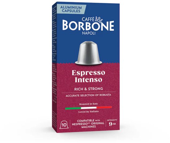 Verpakking van 10 Caffè Borbone Espresso Intenso aluminium capsules, rijk en sterk, 9/10 intensiteit.