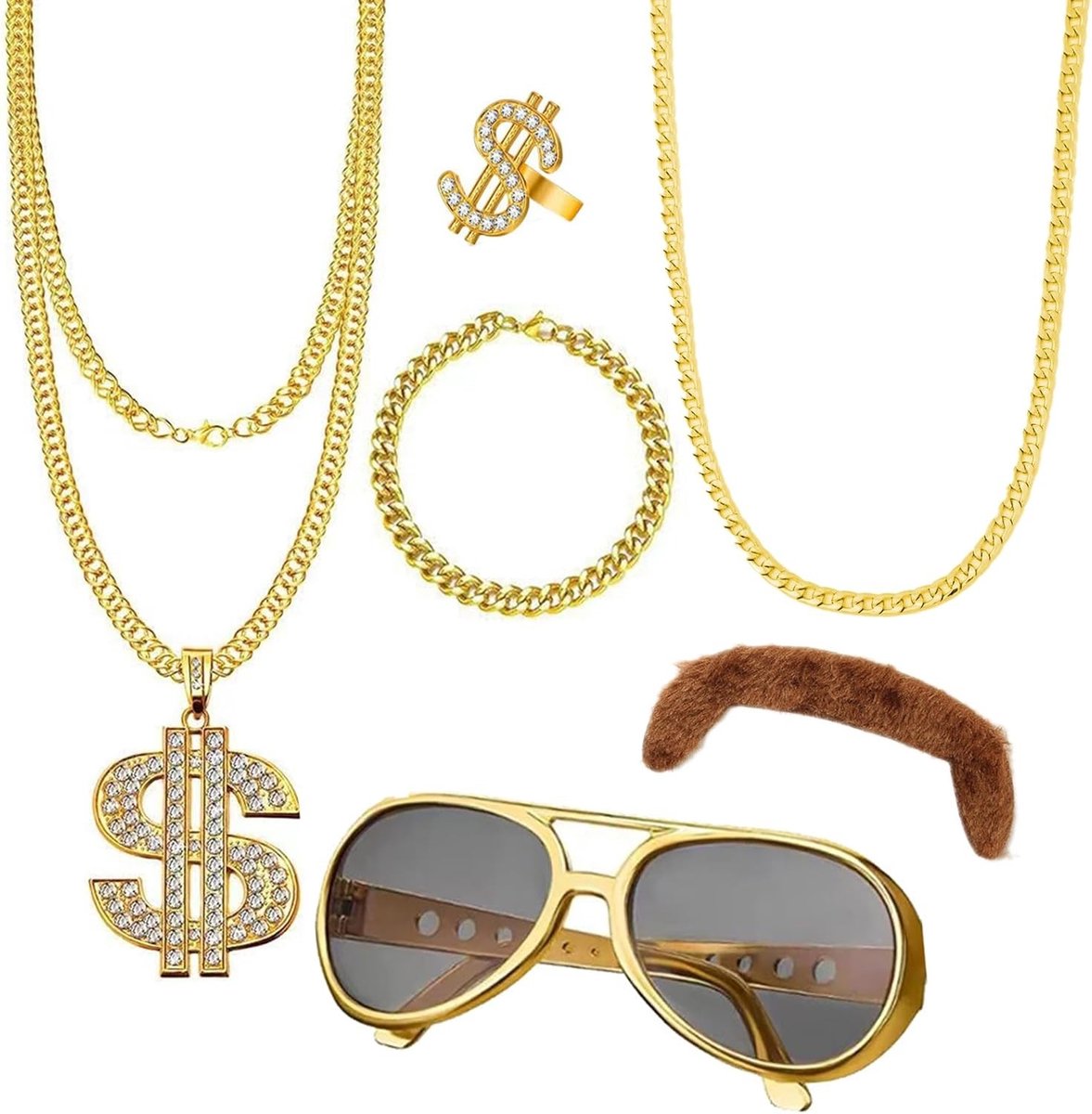 80s en 90s hiphop kostuum set met 6 accessoires, inclusief kettingen, armband, ring, zonnebril en snor voor carnaval en feestjes