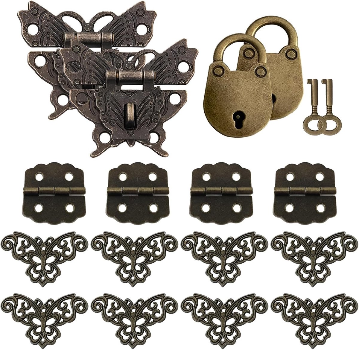 Vintage Hangslot Set met Sleutels - 18 Stuks voor DIY Houten Dozen, Sieradenboxen en Cadeauverpakkingen