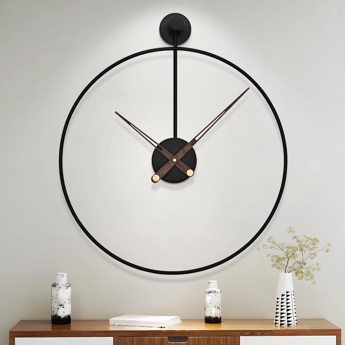 SnelShoppen - Grote Wandklok 20 Inch Zwart Metaal Modern Stijlvol Met Houten Wijzers - Stil en Niet Tikkend - Voor Woonkamer, Slaapkamer, Kantoor en K