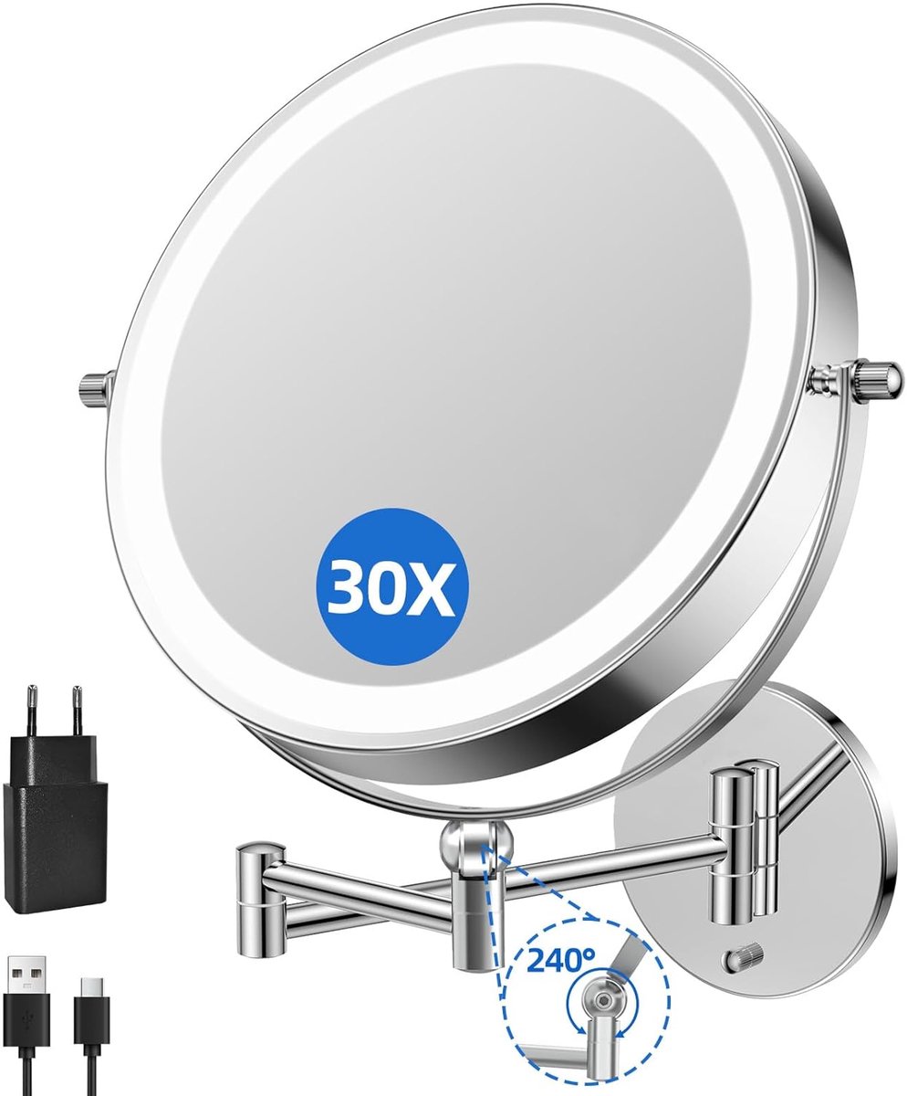 Thijox - Oplaadbare Make-up Spiegel 5000 mAh met 1x/20x vergroting, Dimbare LED Wandspiegel, Touchscreen, 360 Graden Draaibaar, Perfect voor Badkamer