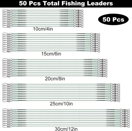 50 Stuks Stalen Voorzak, Pike Hengel Set met Swivels en Snaps, 5 Maten, RVS Vissaccessoires voor Roofvissen, Voorzak Hengel, Spider Fishing Accessoires — afbeelding 5