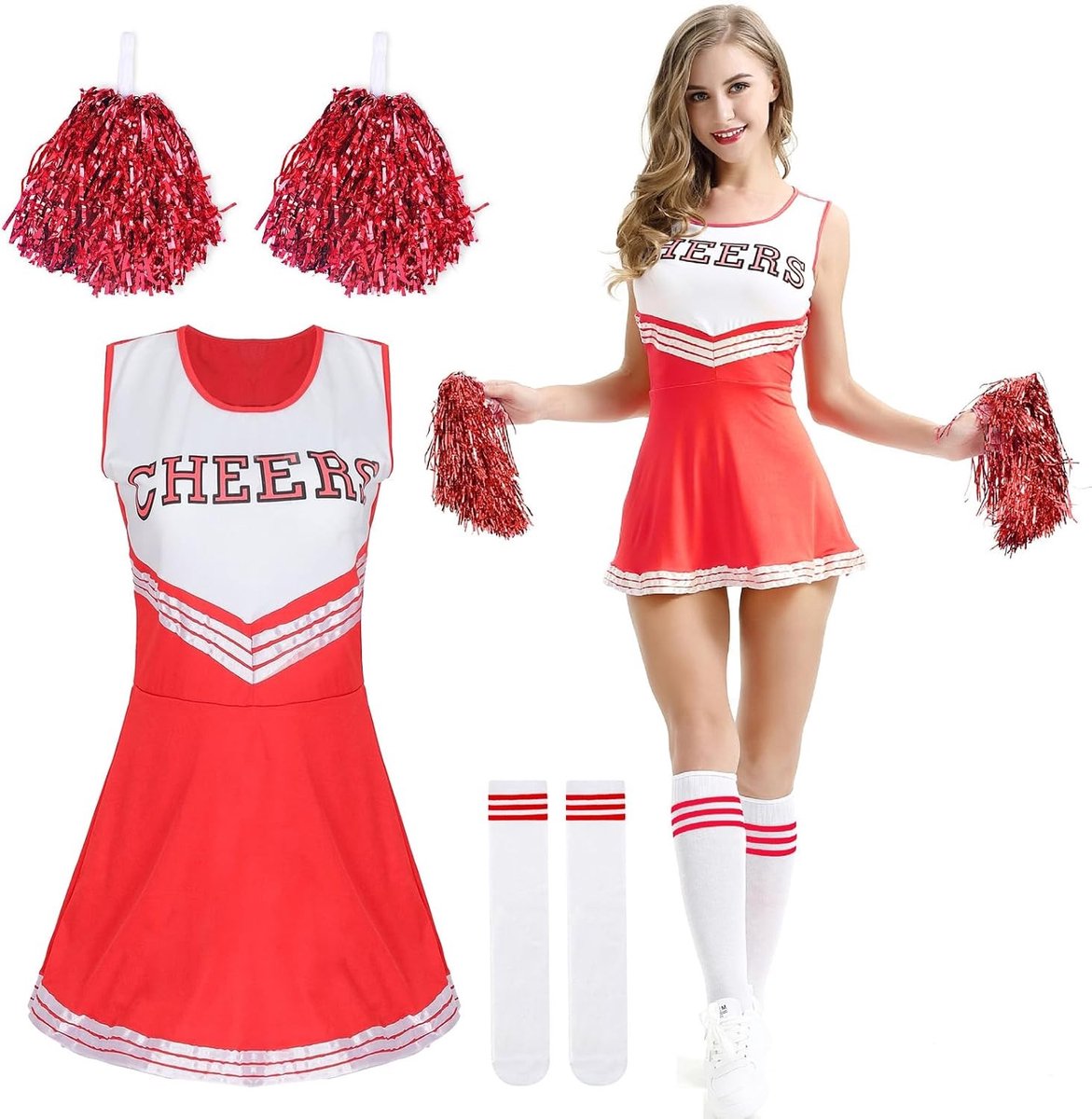 Cheerleader kostuum voor vrouwen en meisjes, ideaal voor carnaval, themafeesten en Halloween, inclusief outfit met pompoms en sokken.