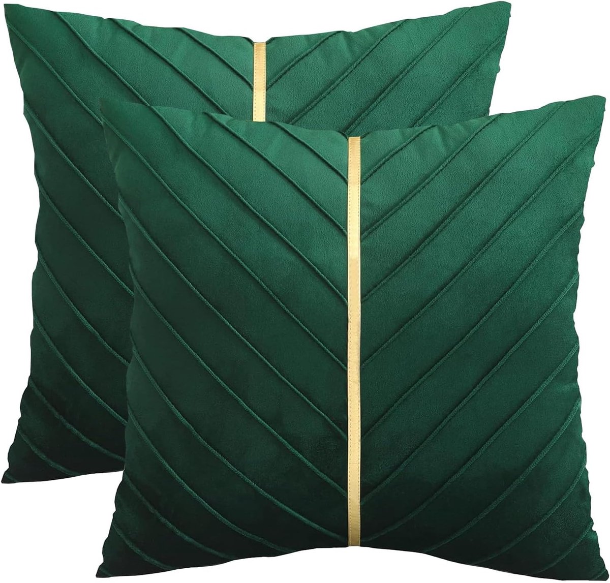 SnelShoppen - 2 Stuks Fluwelen Sierkussens met Goudkleurig Leer 50 x 50 cm - Luxe Bankkussen voor Woonkamer, Tuin en Bed - Modern Design