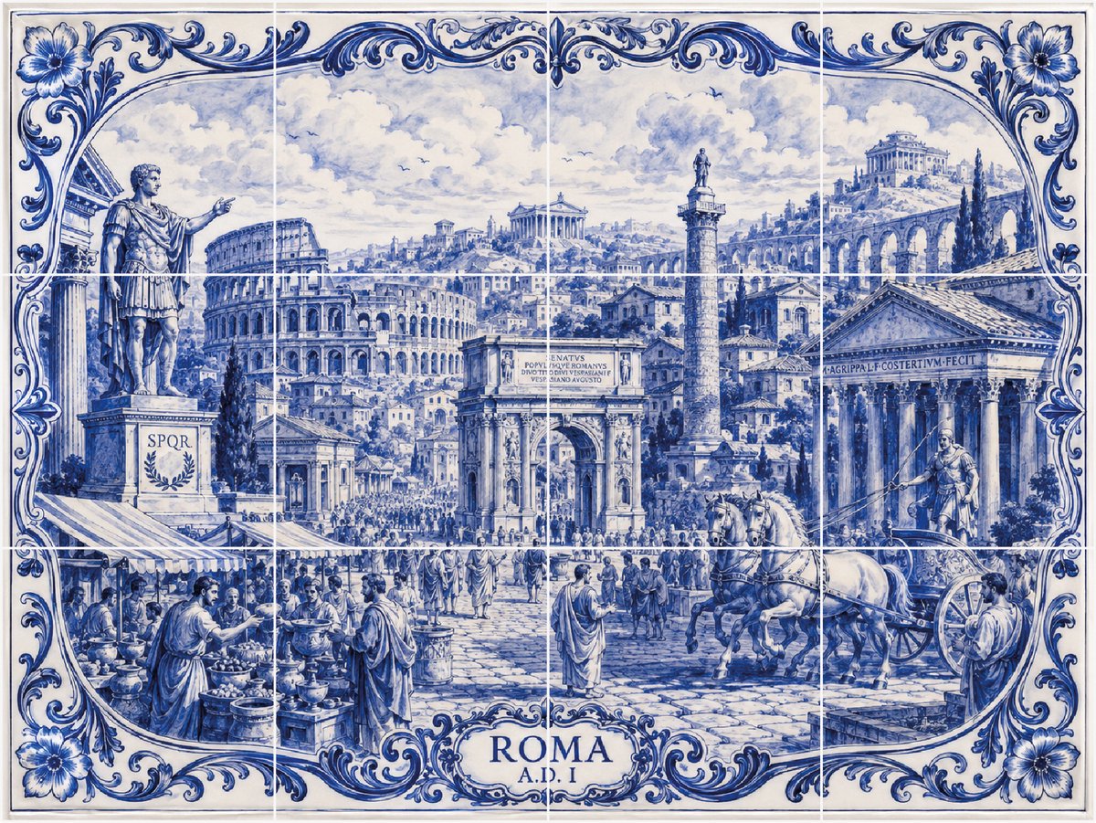 Delfts Blauw fotomozaïek Rome (12 stickers) 15 x 15cm per sticker - tegelstickers - backsplash - peel and stick - plakfolie - voor badkamer, keuken of toilet - zelfklevend