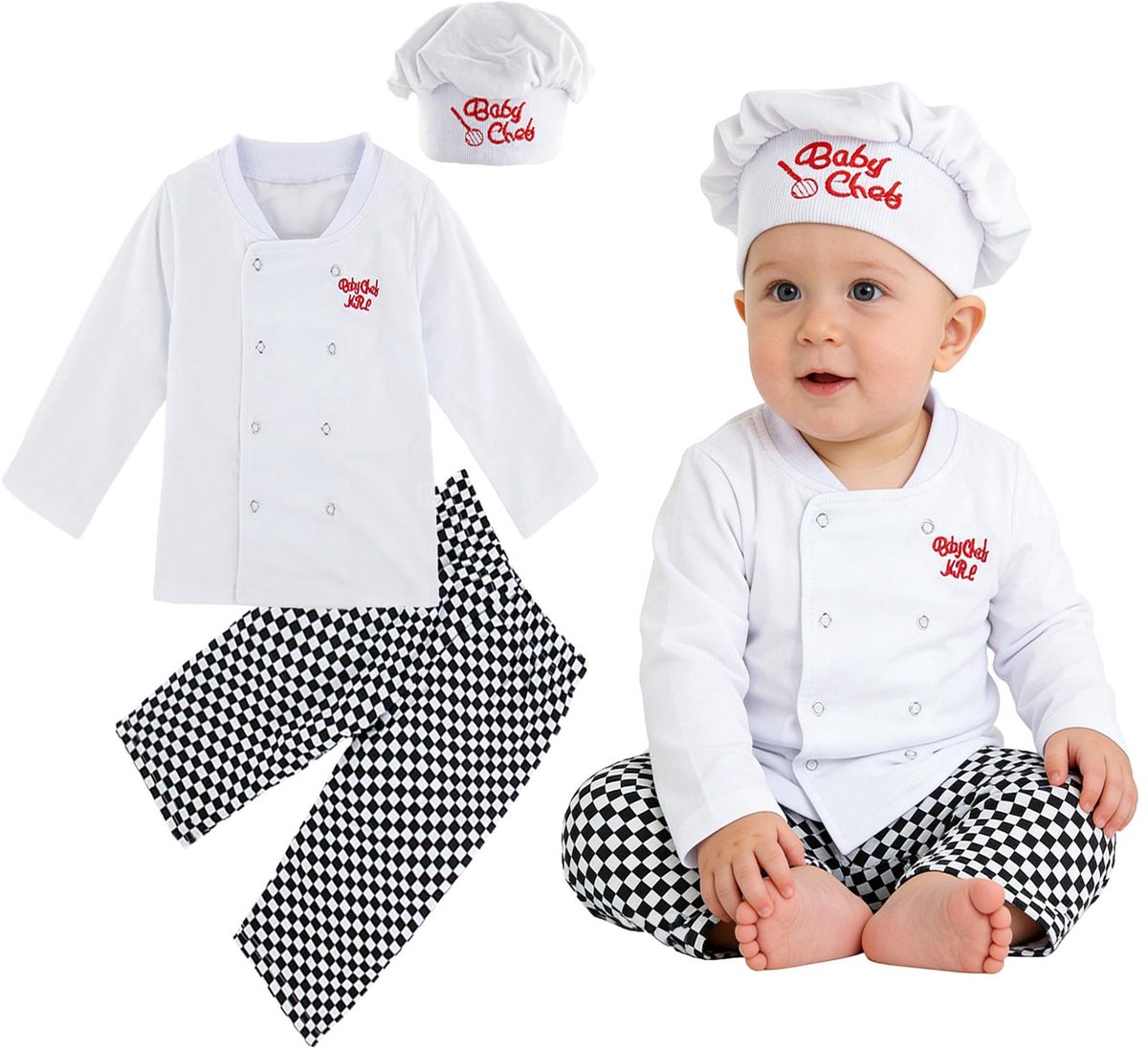 SnelShoppen - MOMBEBE COSLAND Babyjongens Kok Kledingset Halloween Chef Outfit 3-delig Wit 0-4 Jaar Voor Feestjes, Verkleedpartijen en Speelplezier