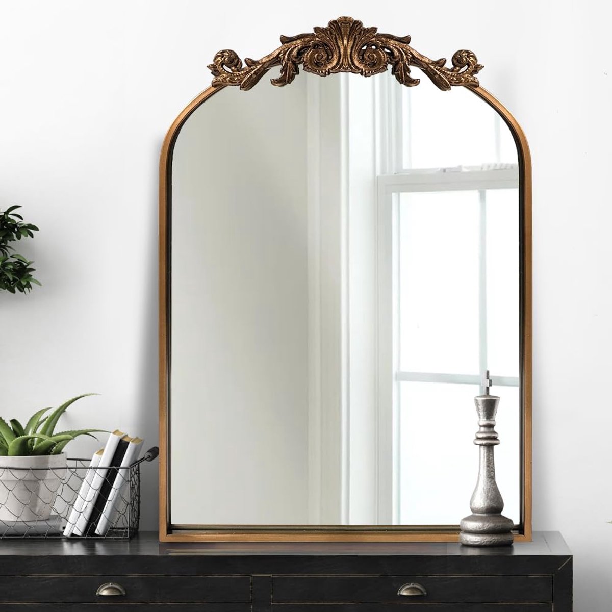 SnelShoppen - Gouden Barokke Spiegel 40x50 cm, Antieke Messing Muurspiegel voor Badkamer, Woonkamer, Gang en Open Haard, Victoriaanse Vintage Stijl