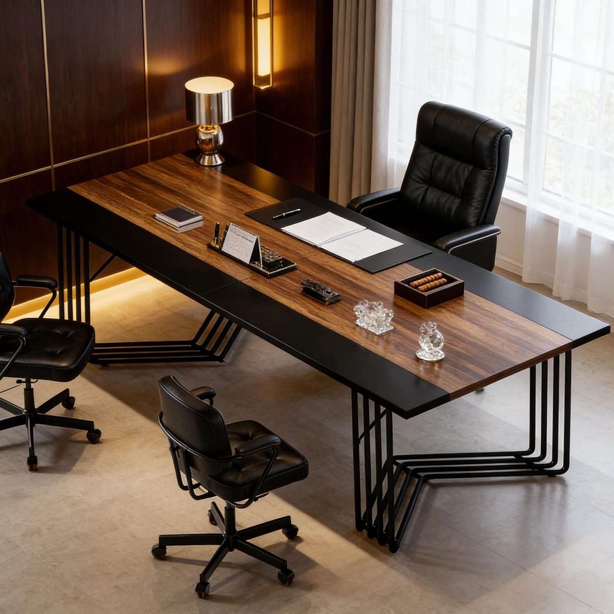 REDOM - Vergadertafel - Rechthoekig - Metalen frame - MDF tafelblad - Industrieel - Voor vergaderen, werken en eten - Zwart en rustiek bruin - 200 x 100 x 75 cm