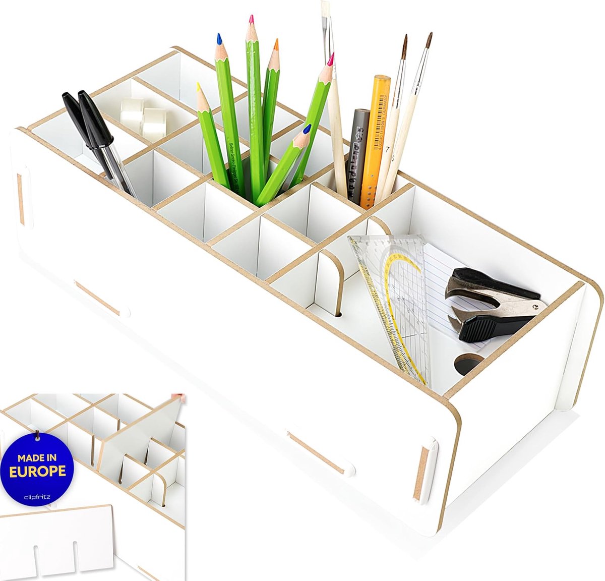 SnelShoppen - Pennenorganizer van hout in wit (14 x 32 cm) - Opbergoplossing voor bureau, pennenhouder voor kinderen en volwassenen, pennenbak voor ka